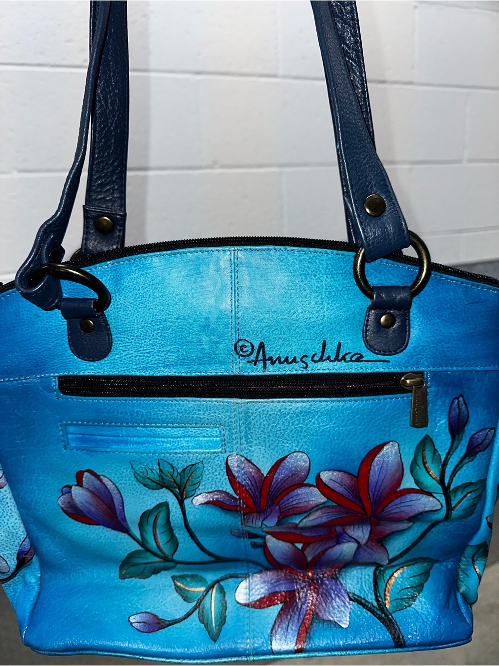 Anuschka Blue Floral Leather Shoulder Bag with Navy Straps - Picture 5 of 12